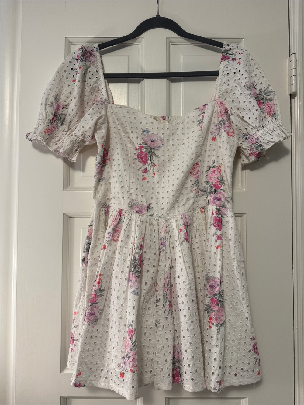 LoveShackFancy White Eyelet Mini Dress with Pink Floral Accents